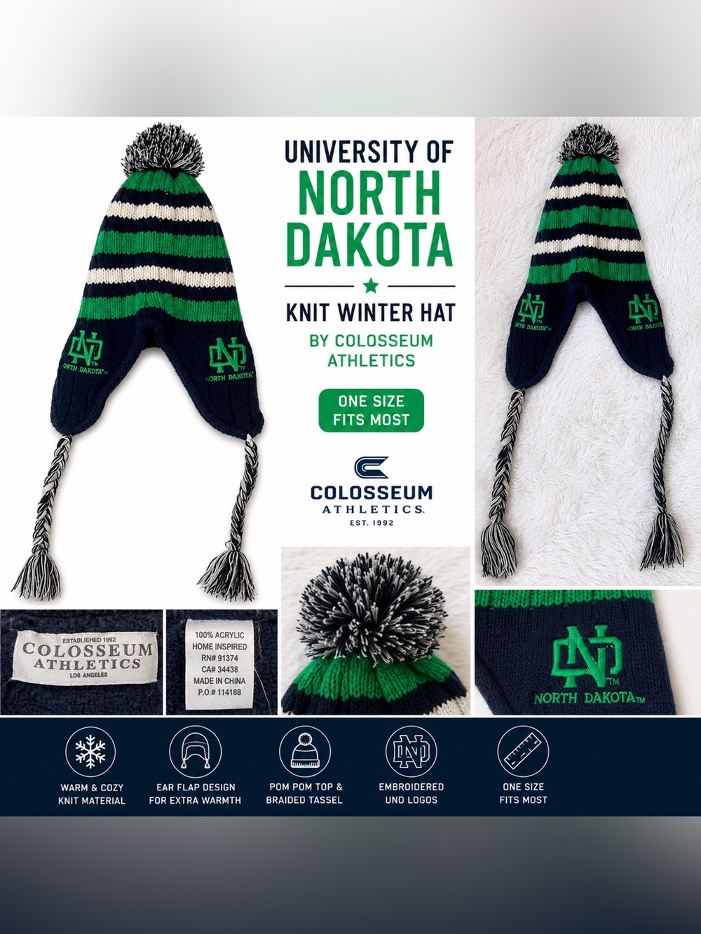Colosseum Athletics University of North Dakota Knit Tassel HockeyHat Beanie